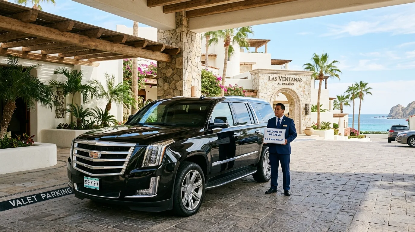 Luxury SUV private airport transfer arriving at a Los Cabos hotel entrance