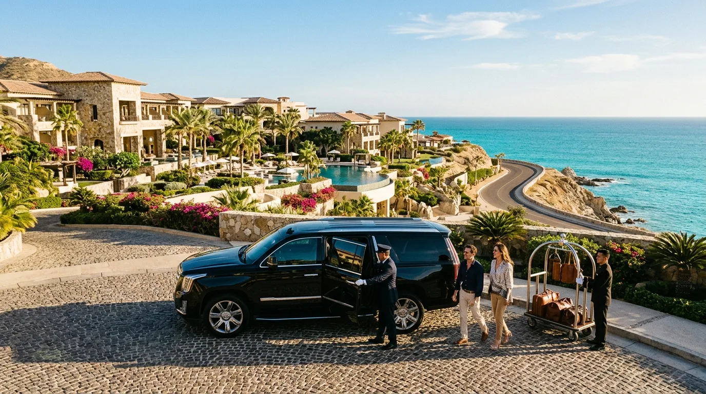 Seamless Airport Pickup for Cabo Resort Guests Family being greeted by a private driver at SJD Airport for transfer to a Cabo resort