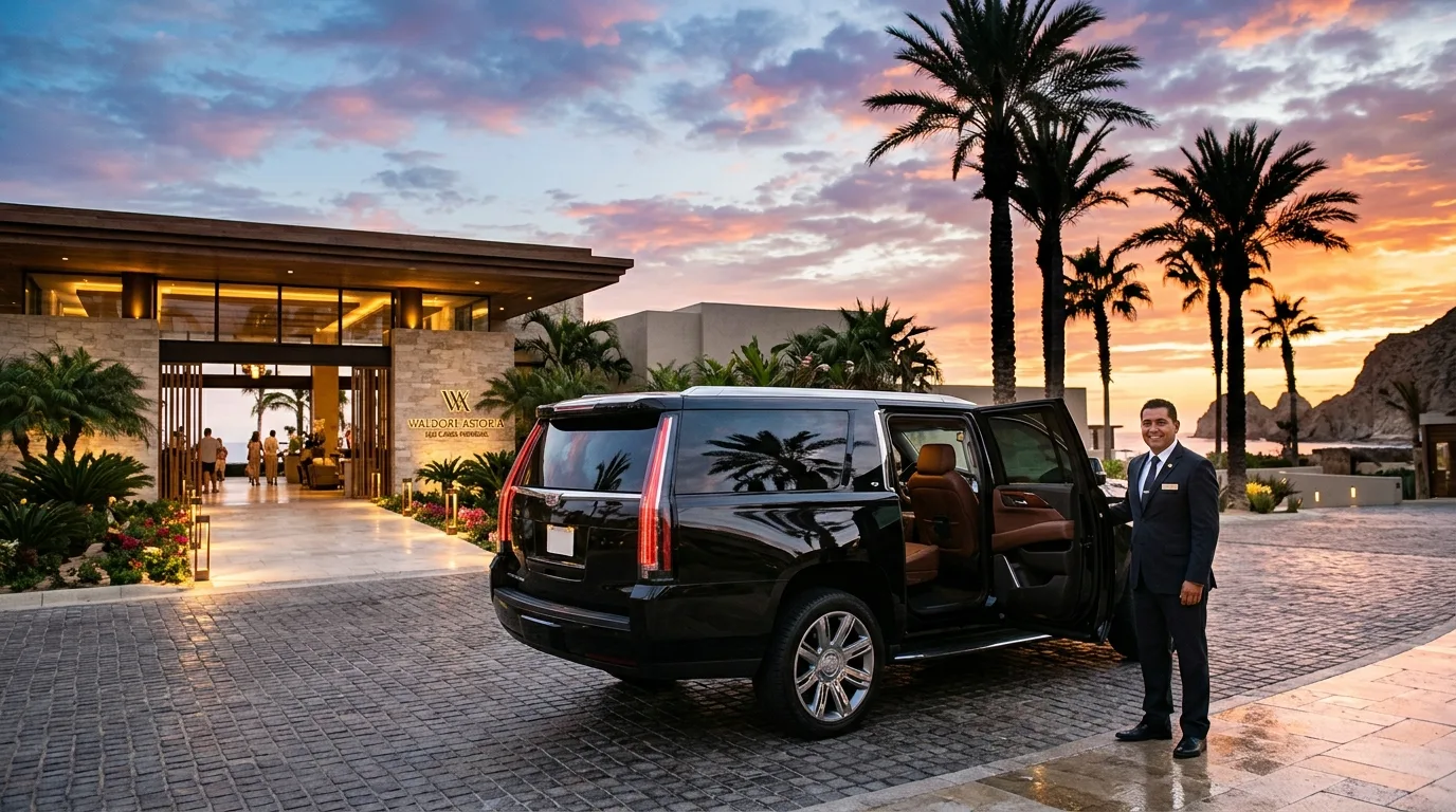 Luxury private SUV arriving at a premium Cabo San Lucas resort at sunset