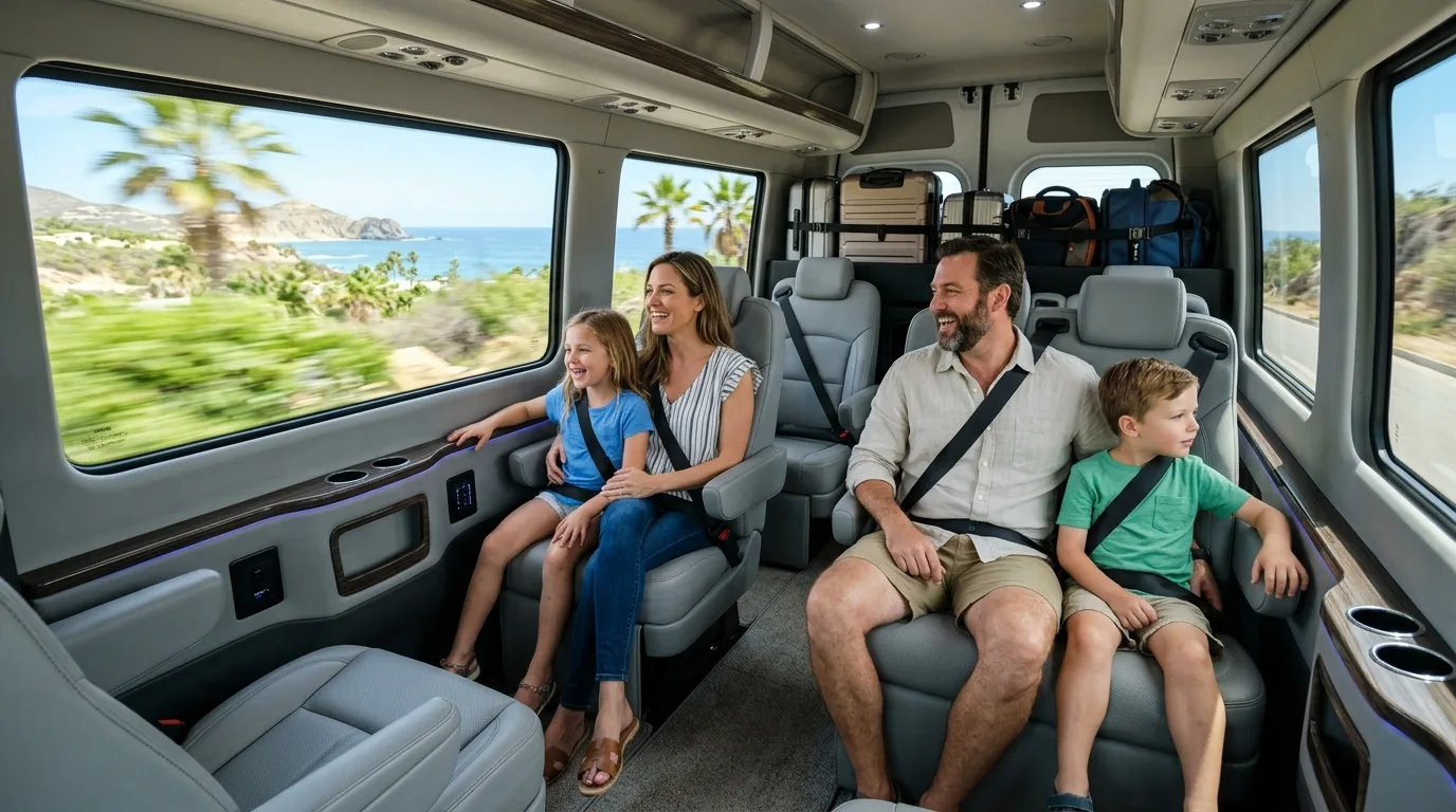 Happy family enjoying a comfortable private transfer in Cabo San Lucas
