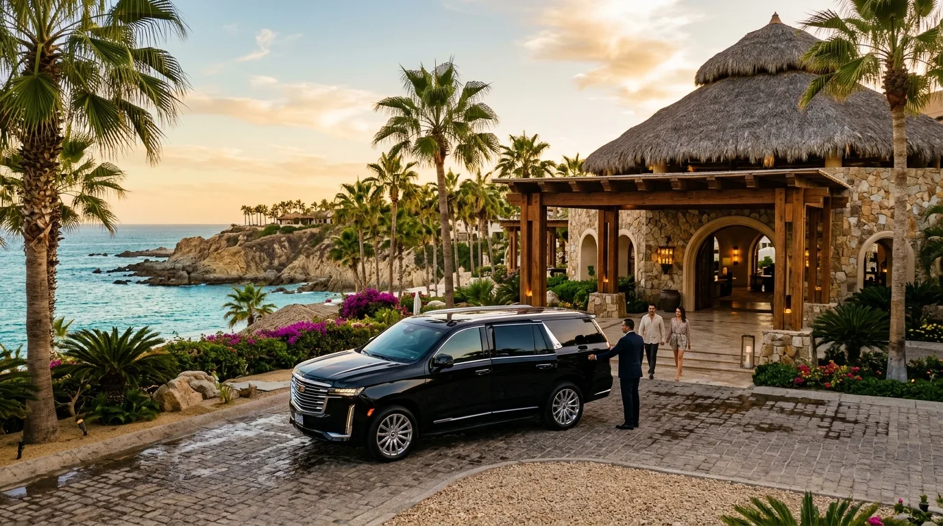 Luxury private SUV parked at the entrance of a high-end resort in Los Cabos, ready for guest arrival.