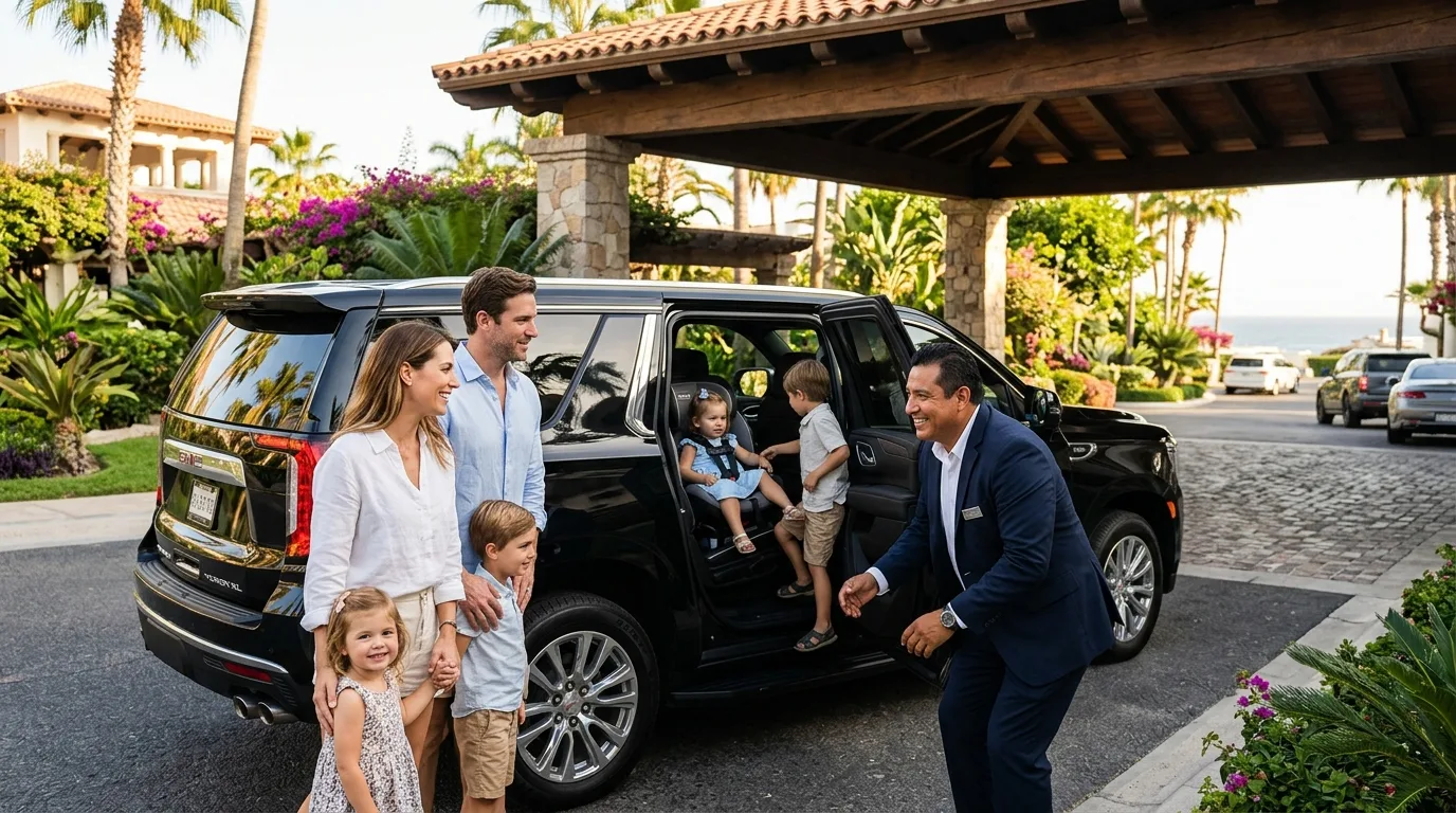 Safe and Family-Friendly Private Transportation in Los Cabos Professional chauffeur assisting a family with young children into a private transfer vehicle with a car seat.