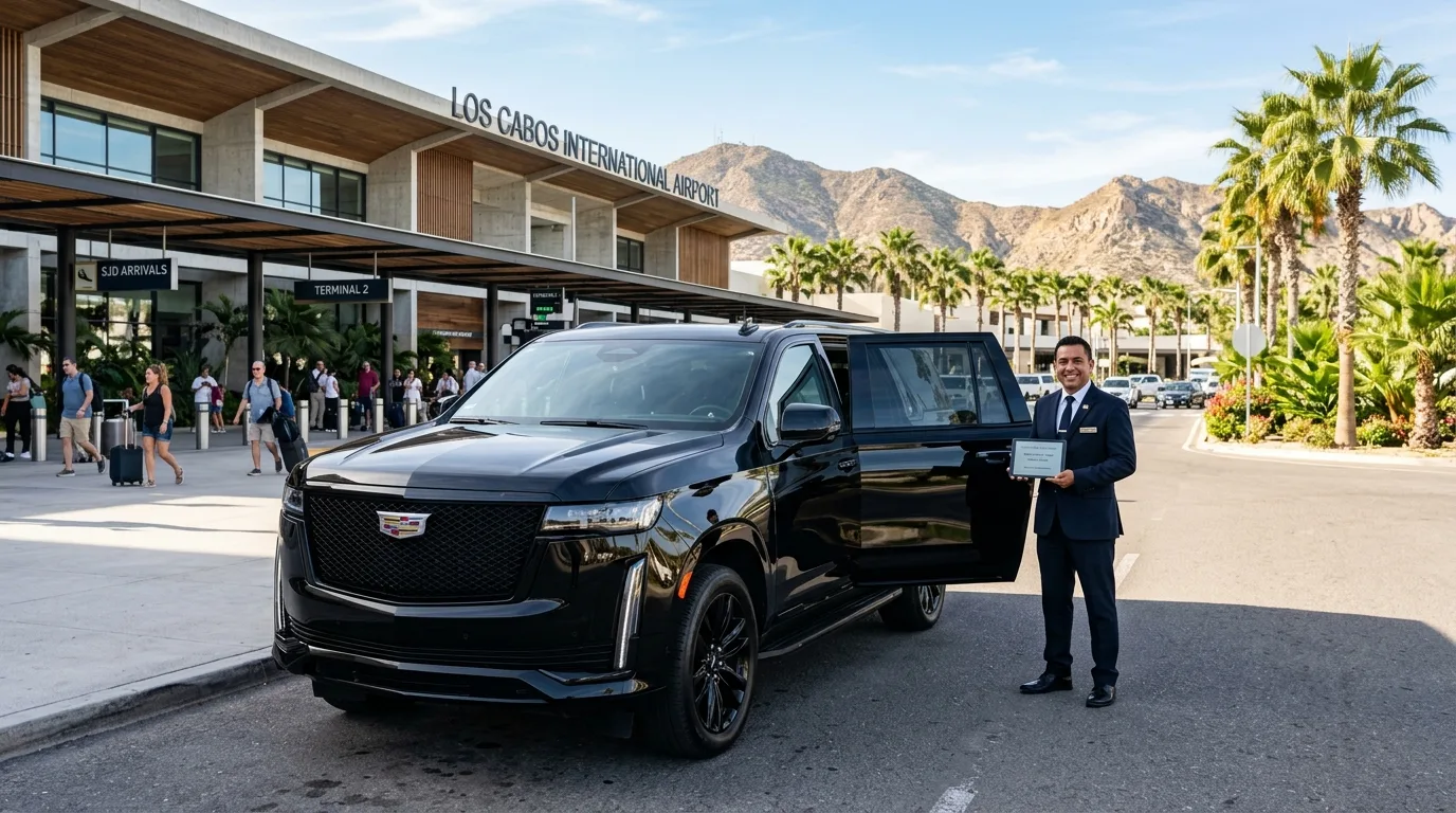 Luxury black SUV private transfer awaiting travelers at SJD Airport in Los Cabos.