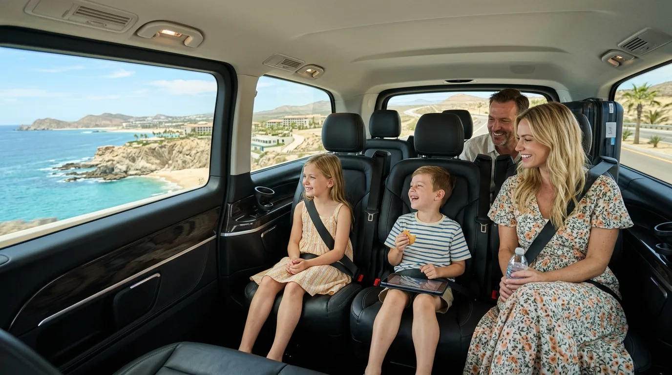 Family enjoying a comfortable and safe private transfer from SJD Airport to Cabo San Lucas.