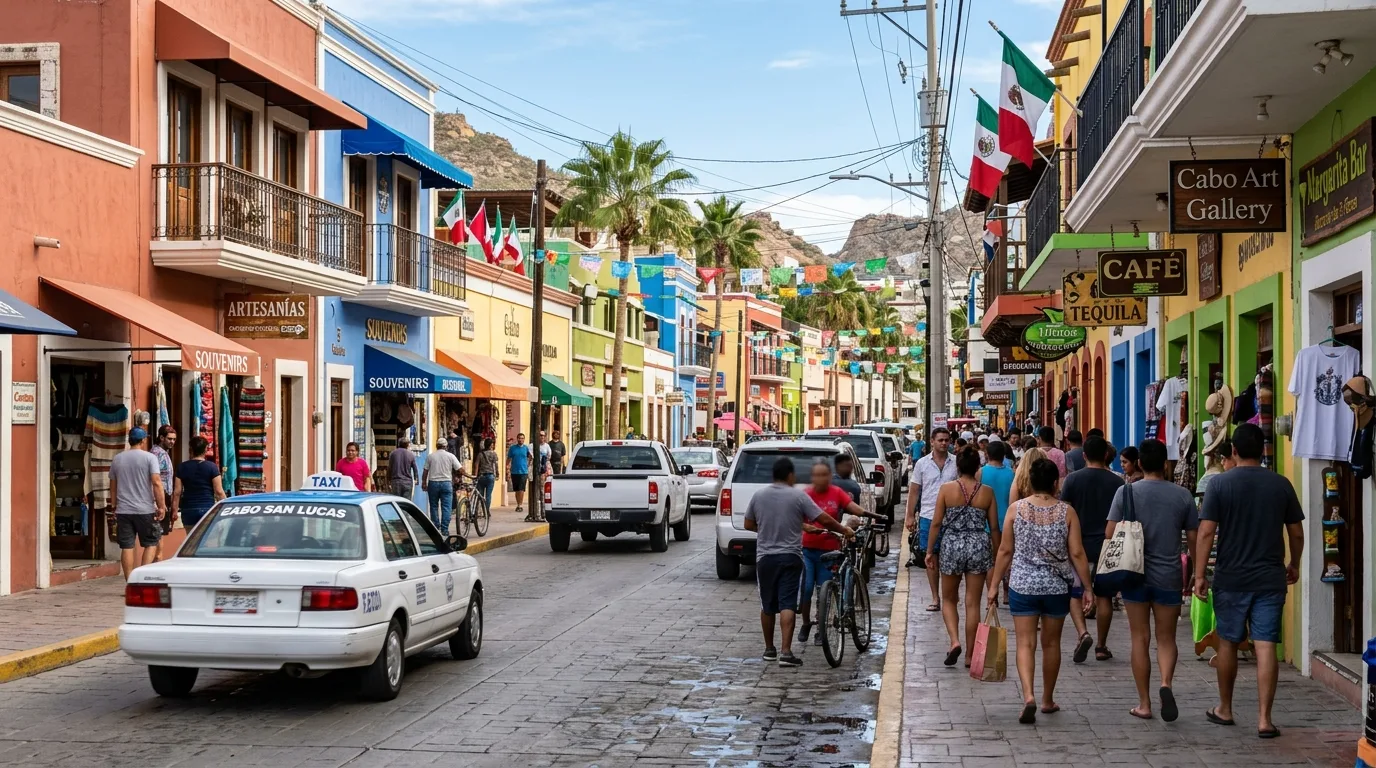 Exploring Downtown Cabo San Lucas by Foot and Local Transport People navigating a lively street in downtown Cabo San Lucas with local transportation
