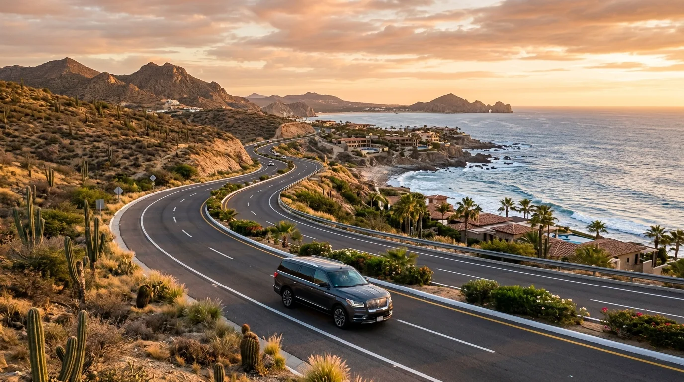 Comfortable Travel Along the Los Cabos Tourist Corridor Private transfer vehicle driving along the scenic Los Cabos Tourist Corridor