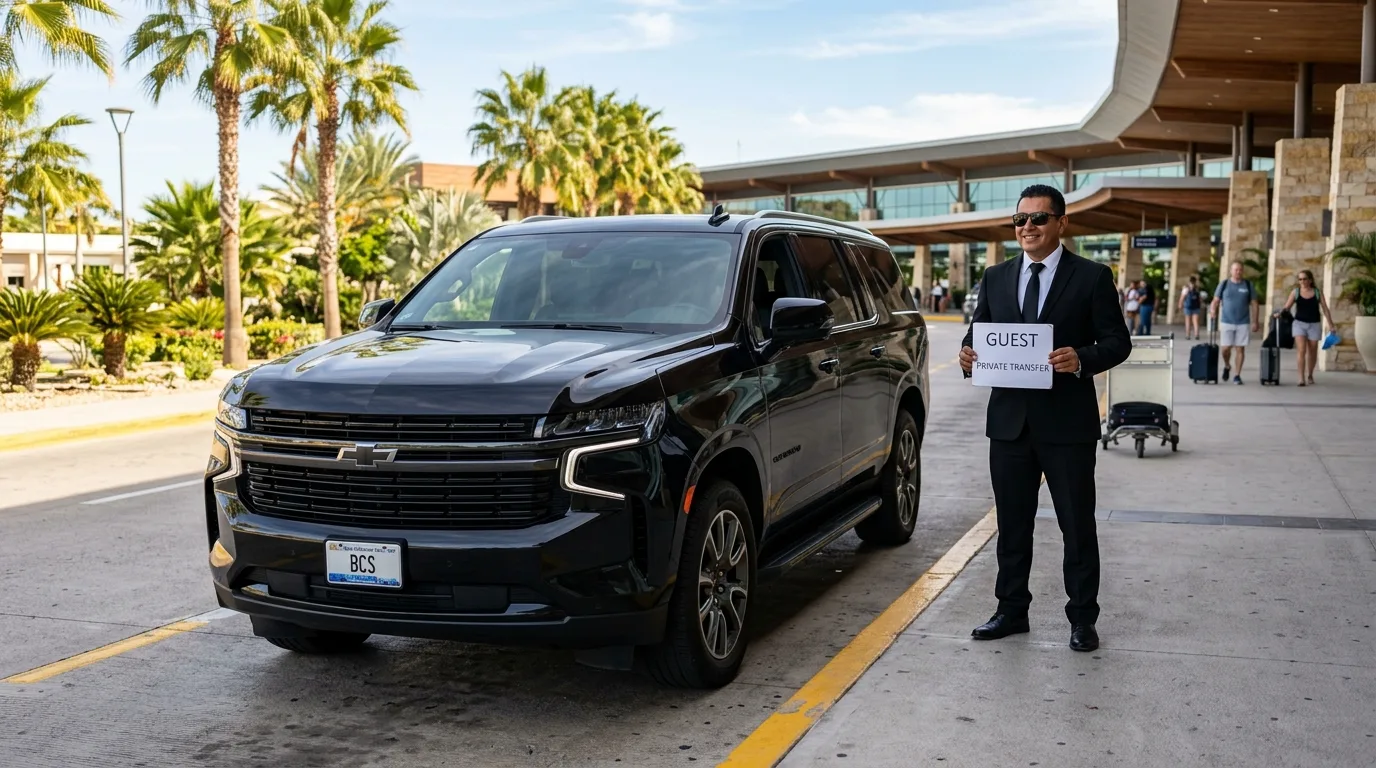 Professional chauffeur holding a sign for airport transfers at SJD Los Cabos Airport with a luxury SUV