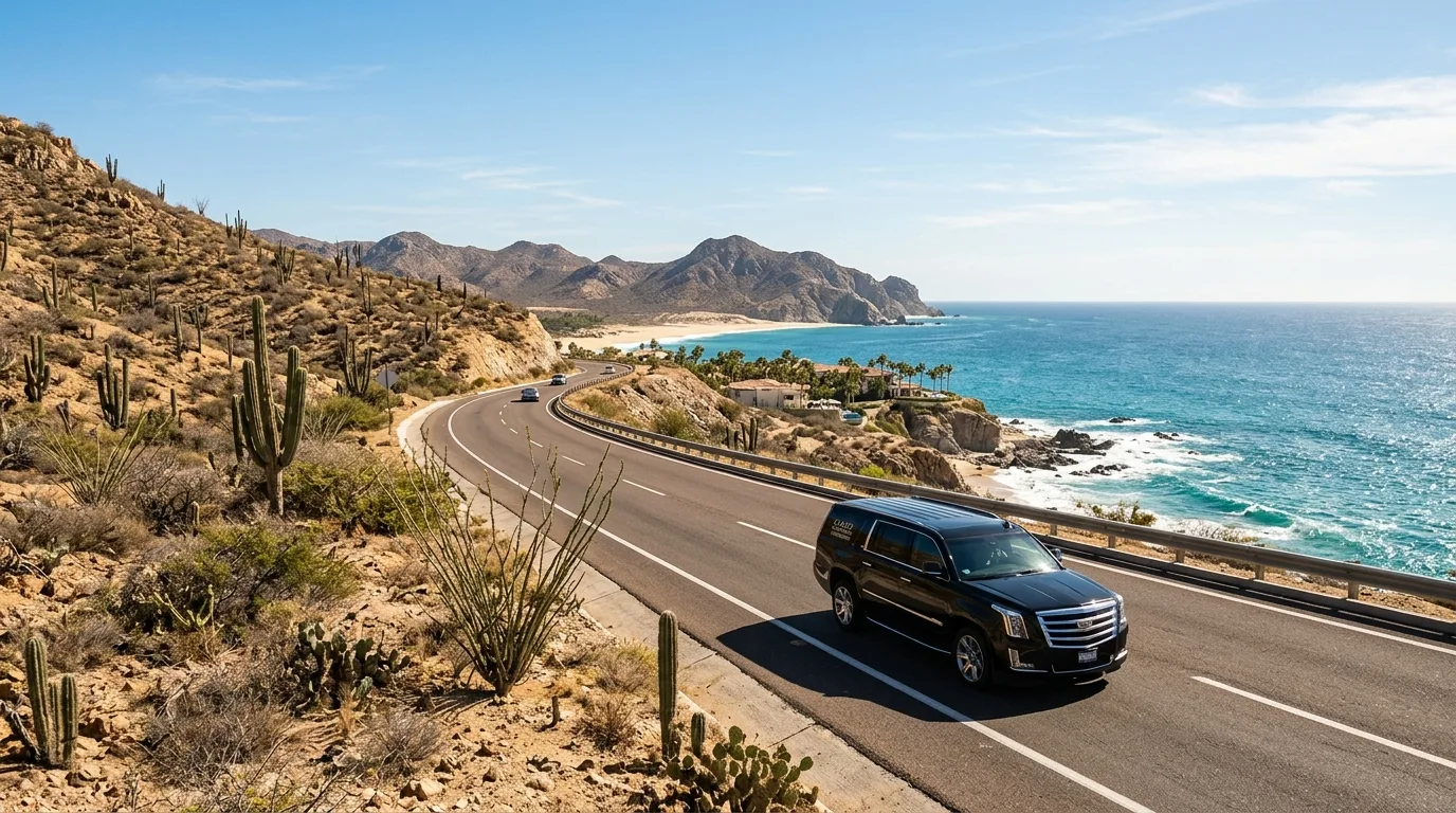 Scenic drive along the Los Cabos Tourist Corridor with a private transfer vehicle