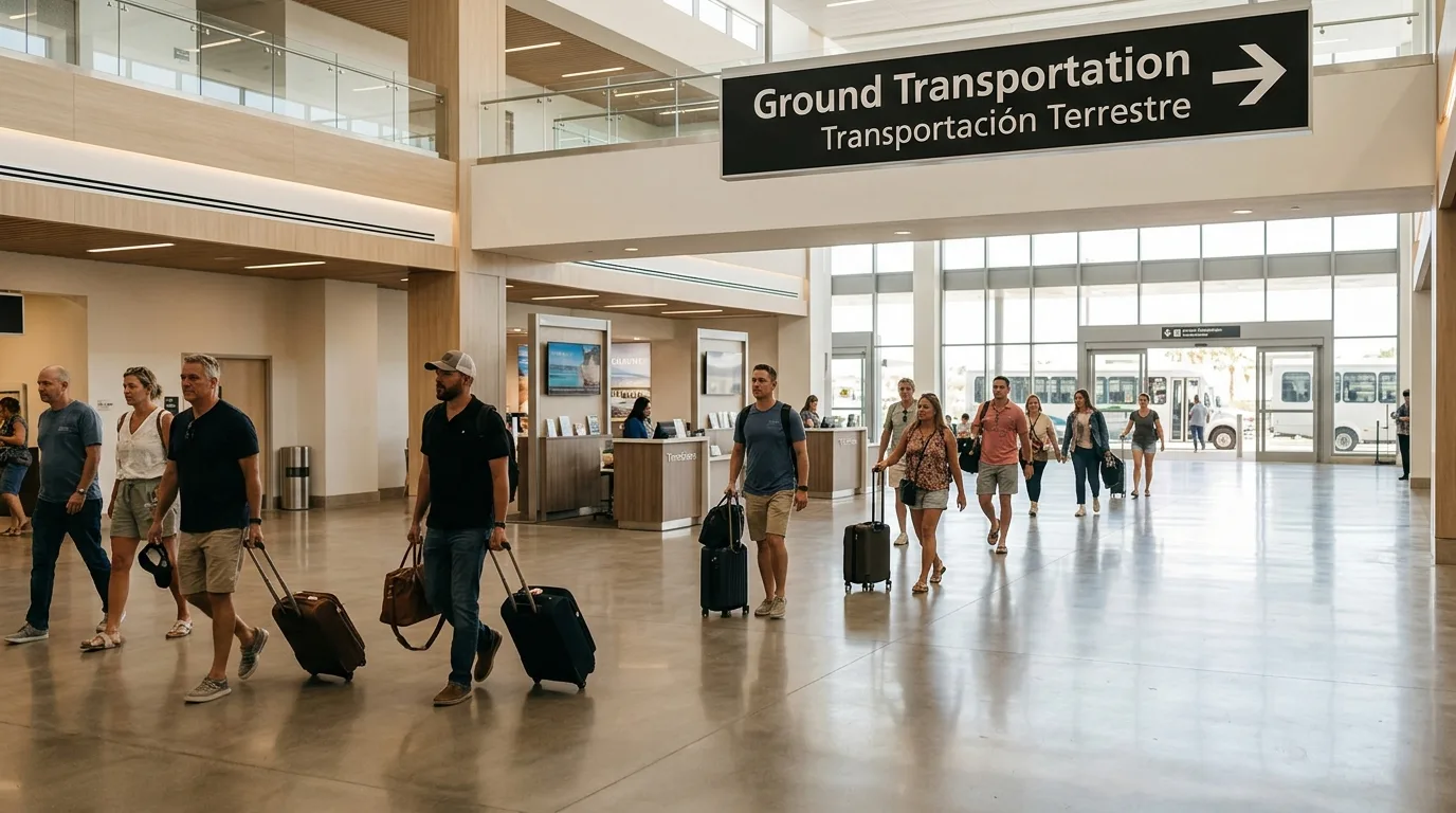 Travelers exiting SJD Airport in Los Cabos, moving towards ground transportation.