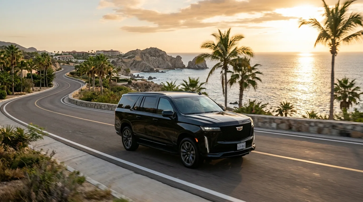 Private airport transfer vehicle driving along scenic Los Cabos coastline.