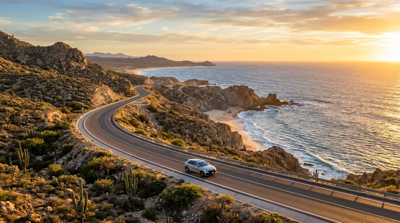 Scenic coastal drive on Highway 1 in Los Cabos, Baja California Sur.