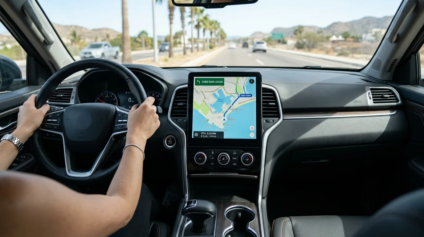 Navigation system displaying a map of Cabo San Lucas in a car.