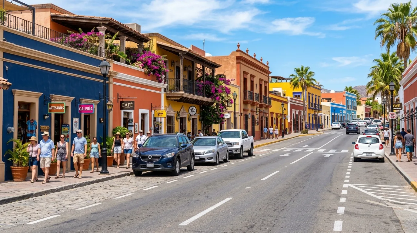 Cars parked along a vibrant street in downtown San José del Cabo.