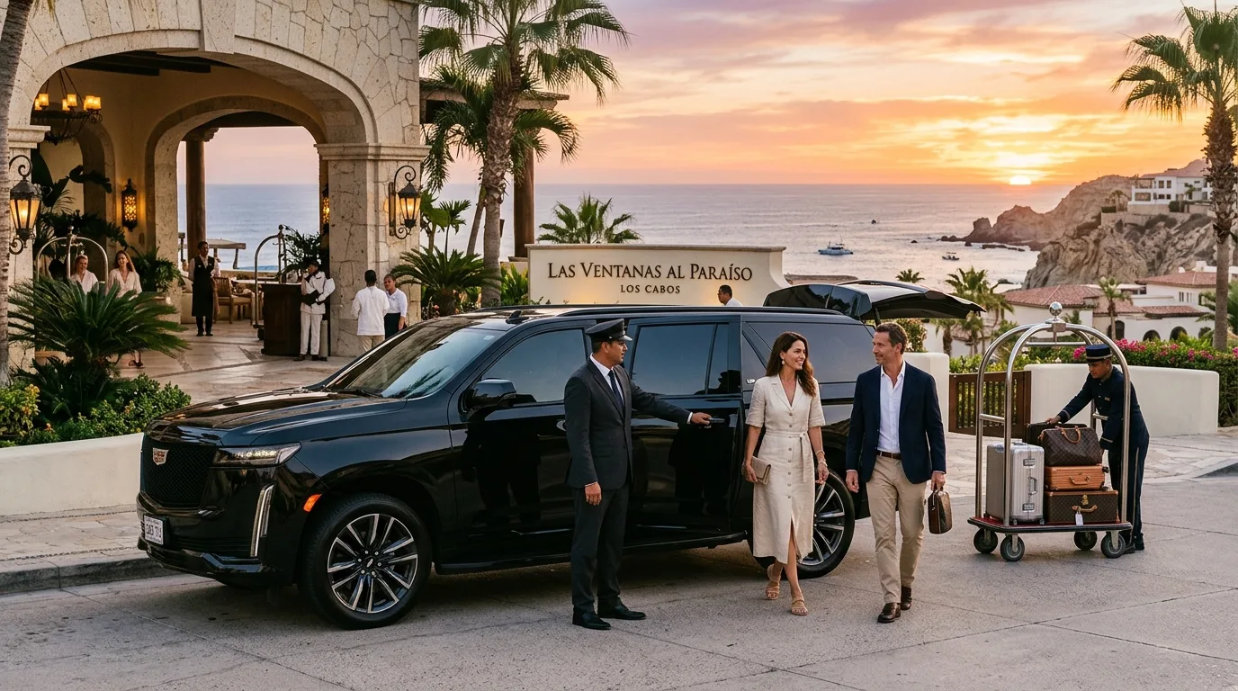 Luxury private SUV transfer arriving at a high-end resort in Cabo San Lucas at sunset.