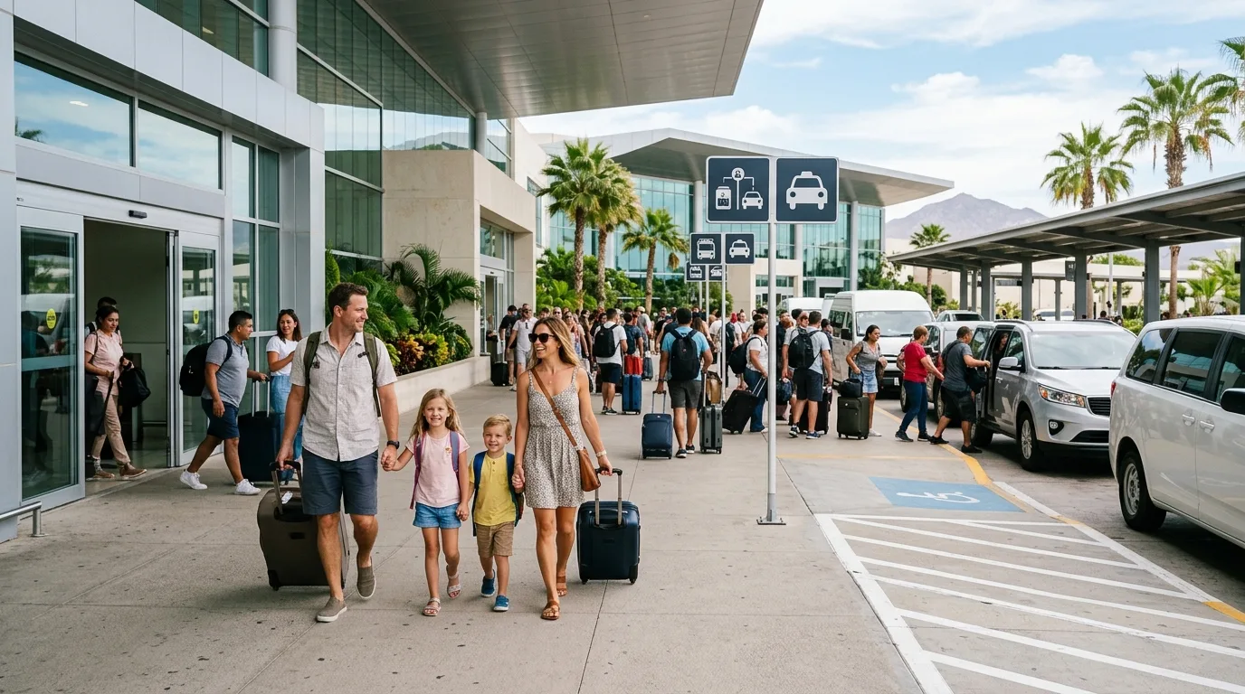 Easy Airport Arrivals with Pre-Booked Transportation Family with luggage confidently navigating the SJD Airport arrivals area in Los Cabos.