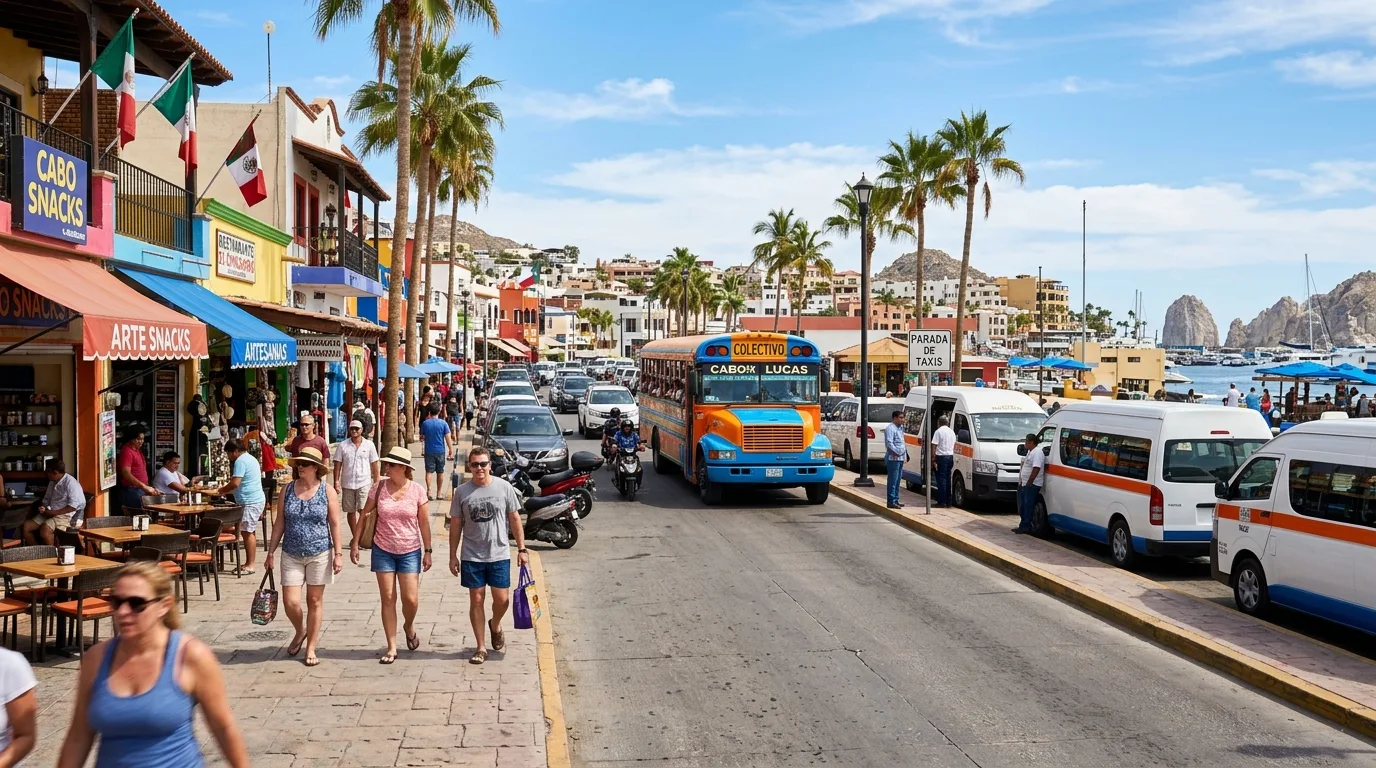 Exploring Local Transportation in Cabo San Lucas Various ground transportation options on a busy street in downtown Cabo San Lucas.