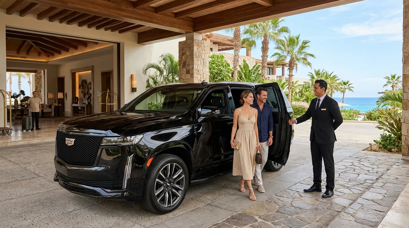 Couple arriving at a luxury Los Cabos resort via private airport transportation, greeted by a professional chauffeur.