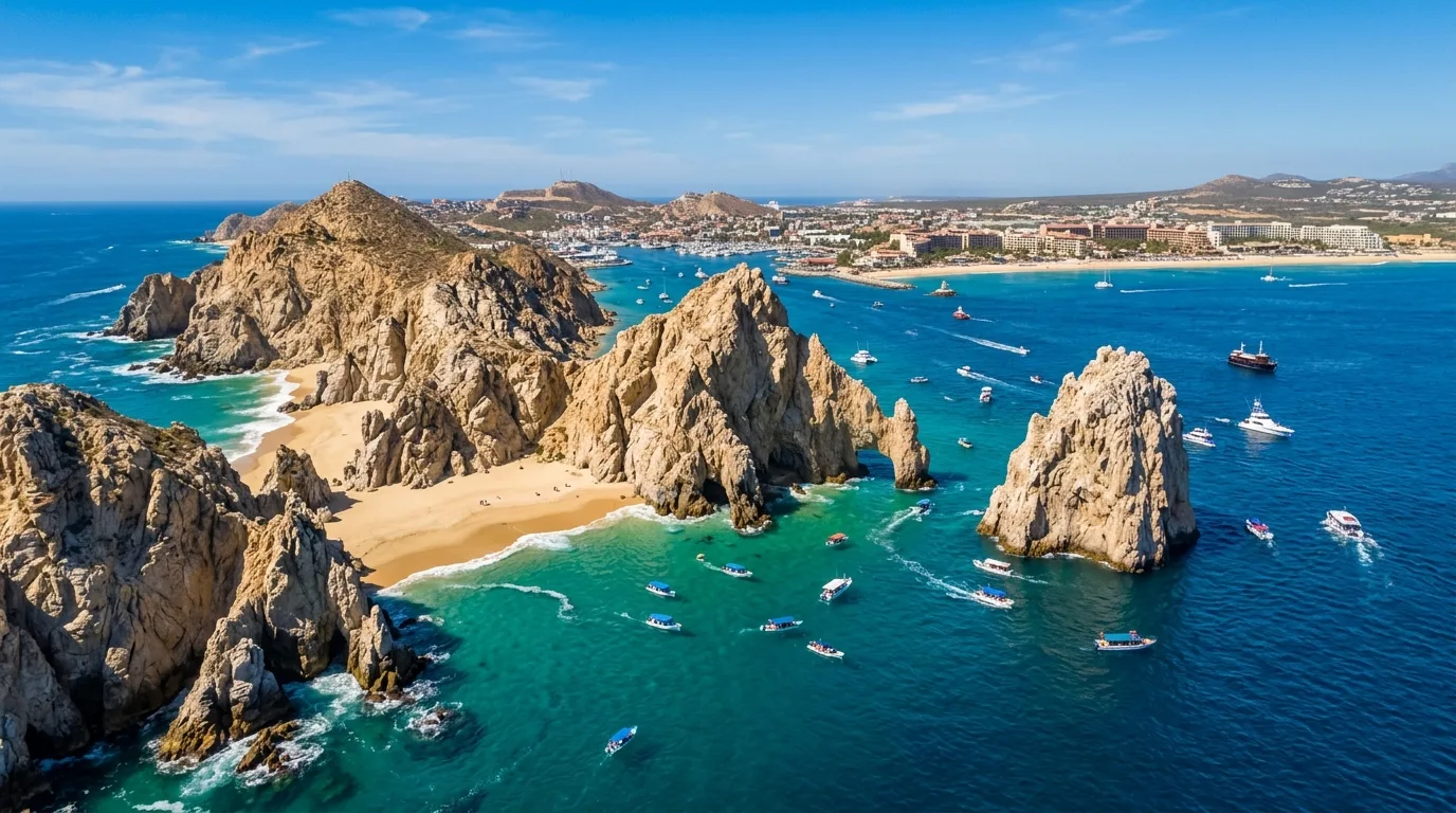 Iconic El Arco rock formation at Land's End in Cabo San Lucas, surrounded by turquoise waters.