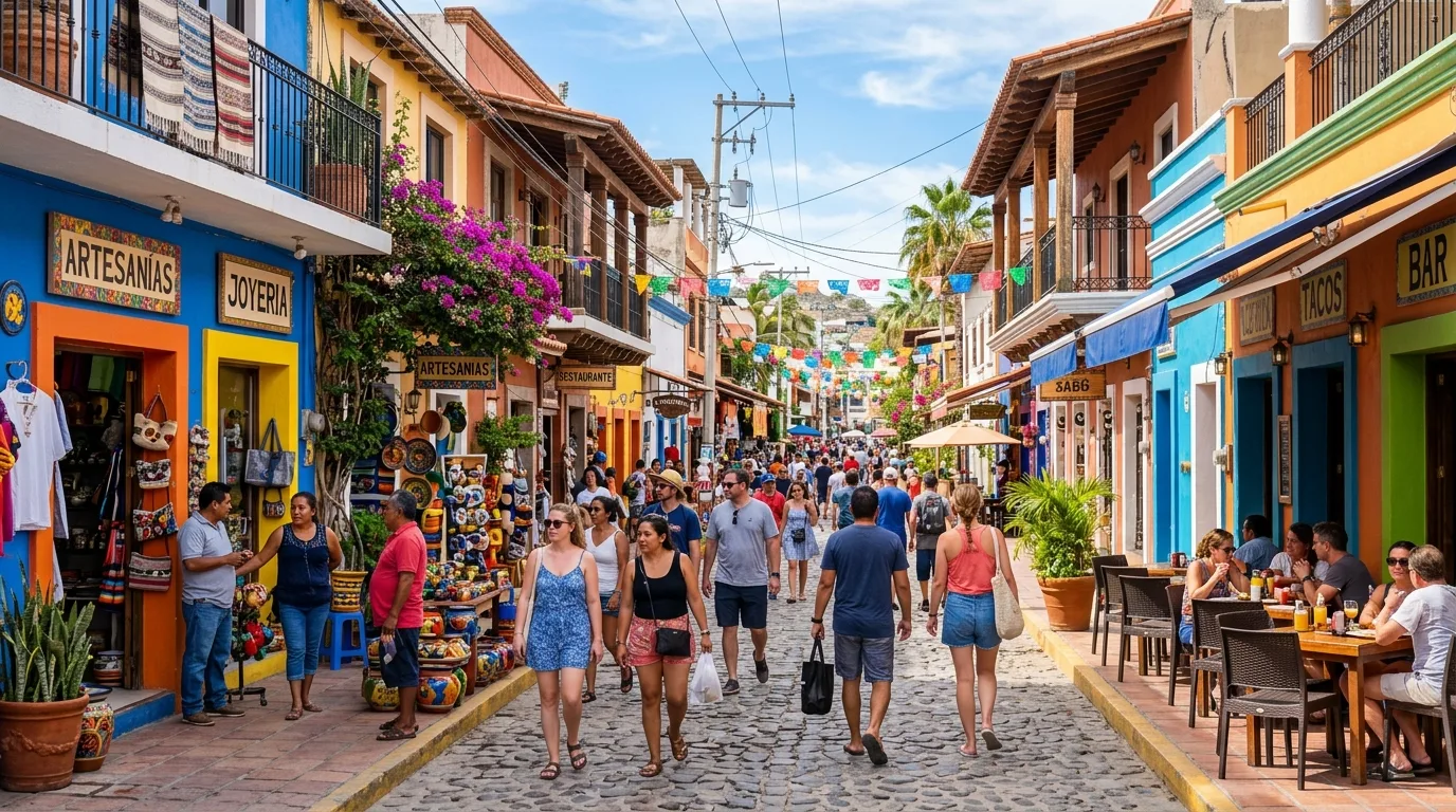 Vibrant downtown street scene in Cabo San Lucas with shops and pedestrians, showcasing local life.