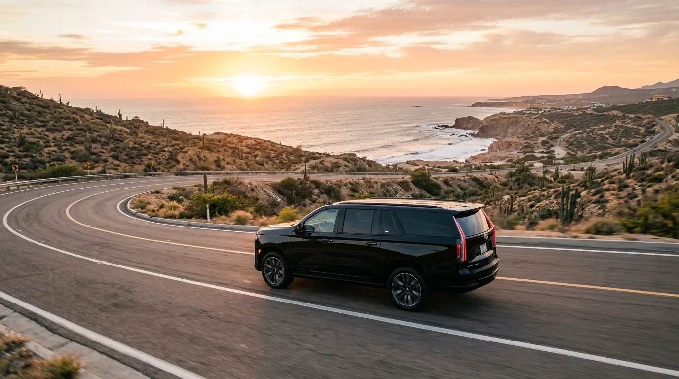 Luxury SUV driving on a coastal road in Los Cabos with ocean view, representing reliable Cabo San Lucas travel transportation tips.