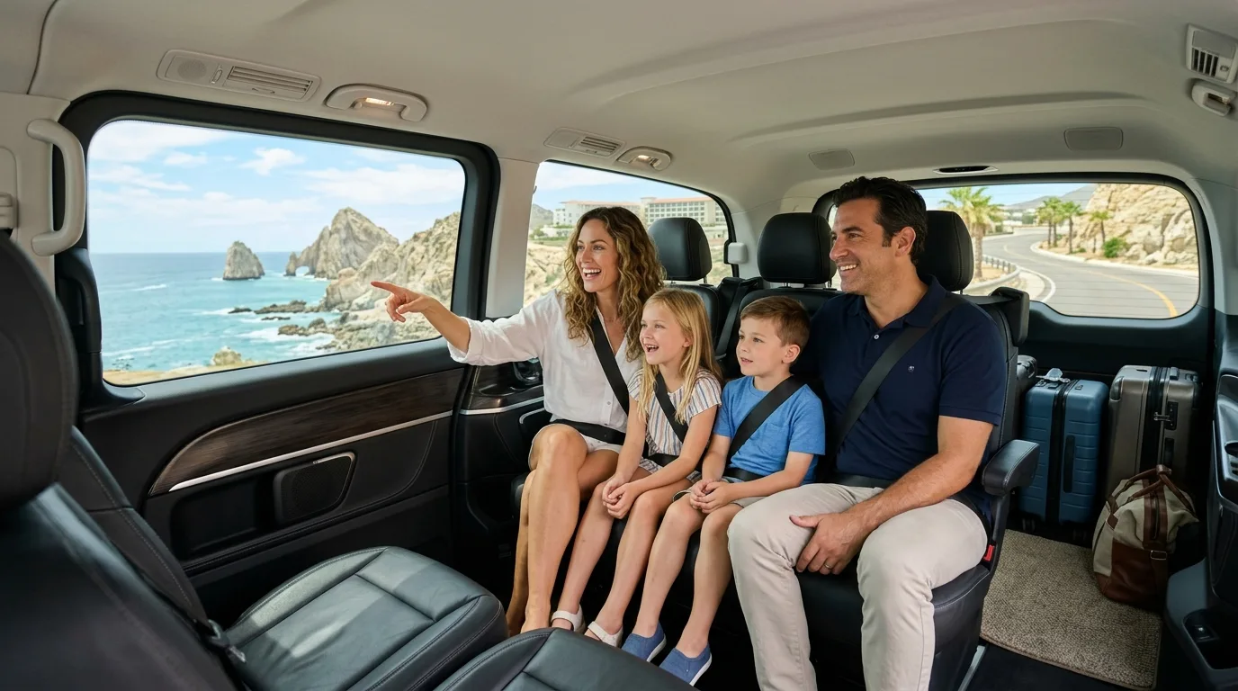 Happy family enjoying comfortable private transportation in a spacious SUV in Los Cabos, highlighting family travel tips.