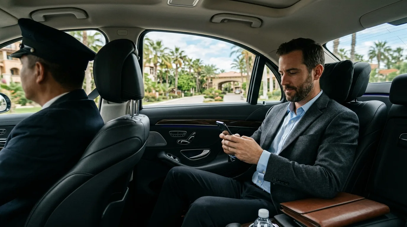 Professional traveler using a smartphone in a luxury private car with a chauffeur, showcasing convenience for business or personal trips in Cabo.