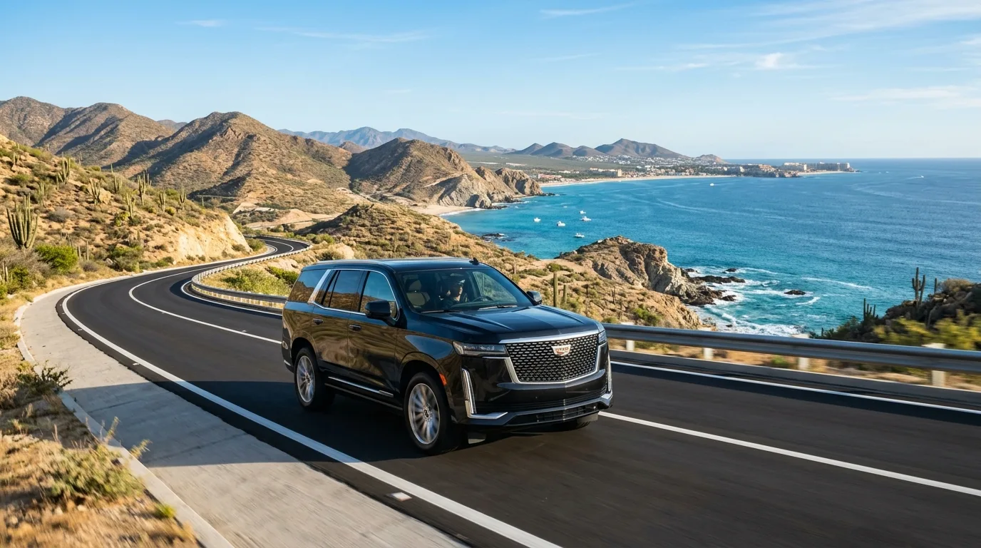 Luxury SUV driving on highway with Los Cabos coastal mountains and blue sky, representing efficient Cabo San Lucas vacation transportation.