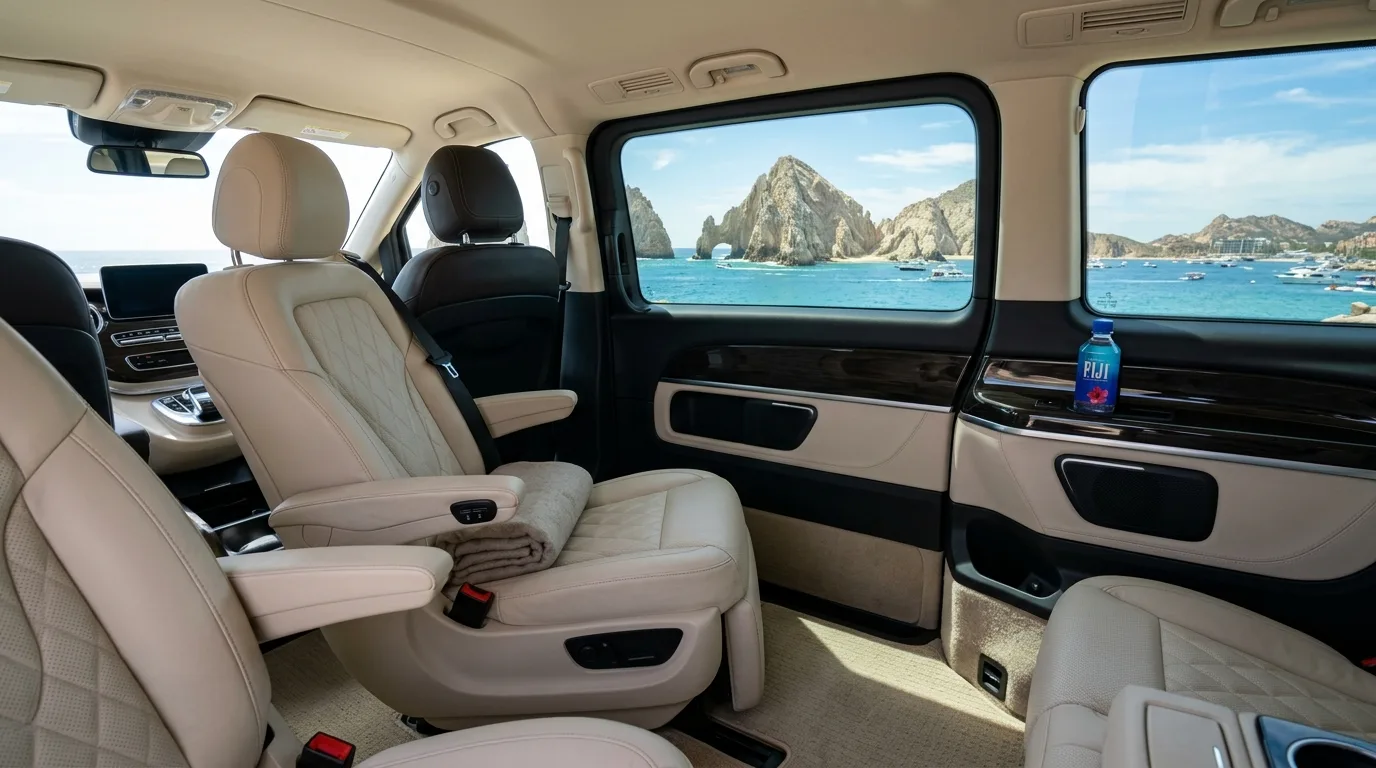 Comfortable interior of a private transfer vehicle with a view of Land's End and the Arch in Cabo San Lucas from the window.