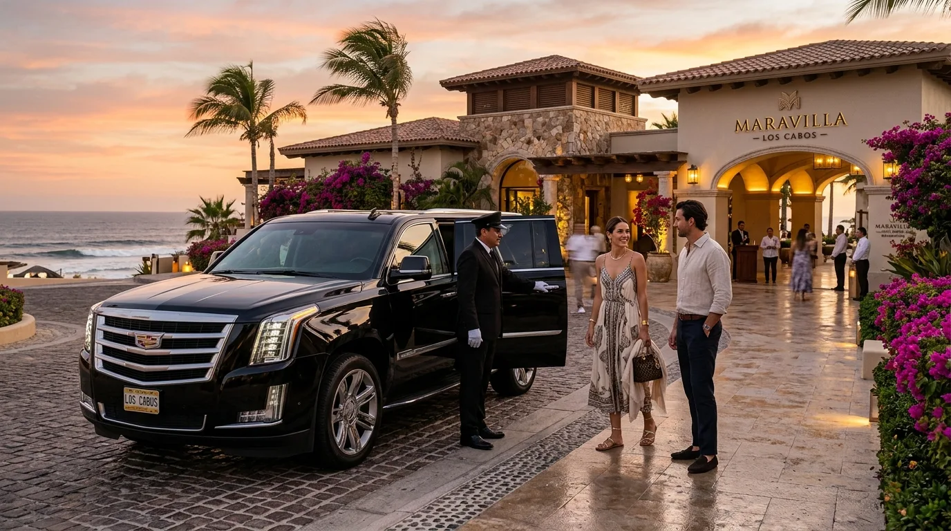 Luxury private SUV arriving at a beautiful Los Cabos resort with a professional chauffeur greeting passengers.
