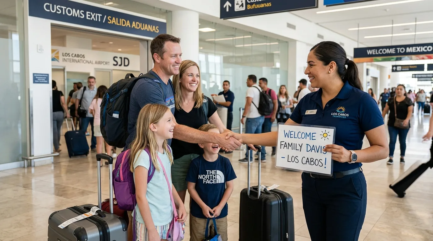 Professional driver holding a sign and greeting travelers at SJD Airport for a private transfer.