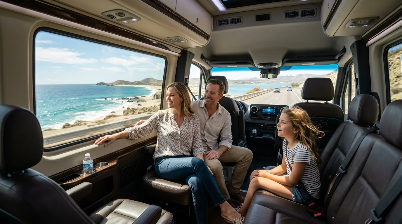 Passengers enjoying a comfortable and scenic private transfer ride along the Los Cabos coastline.