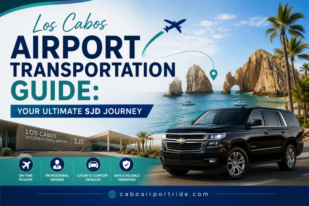 Luxury private SUV airport transfer waiting at SJD Airport Los Cabos for arriving passengers.
