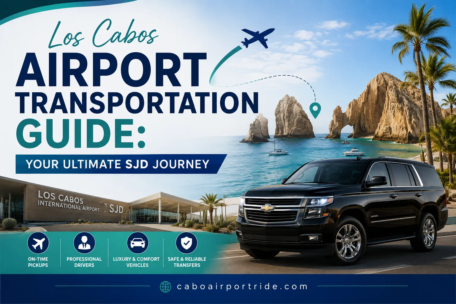 Luxury private SUV airport transfer waiting at SJD Airport Los Cabos for arriving passengers.
