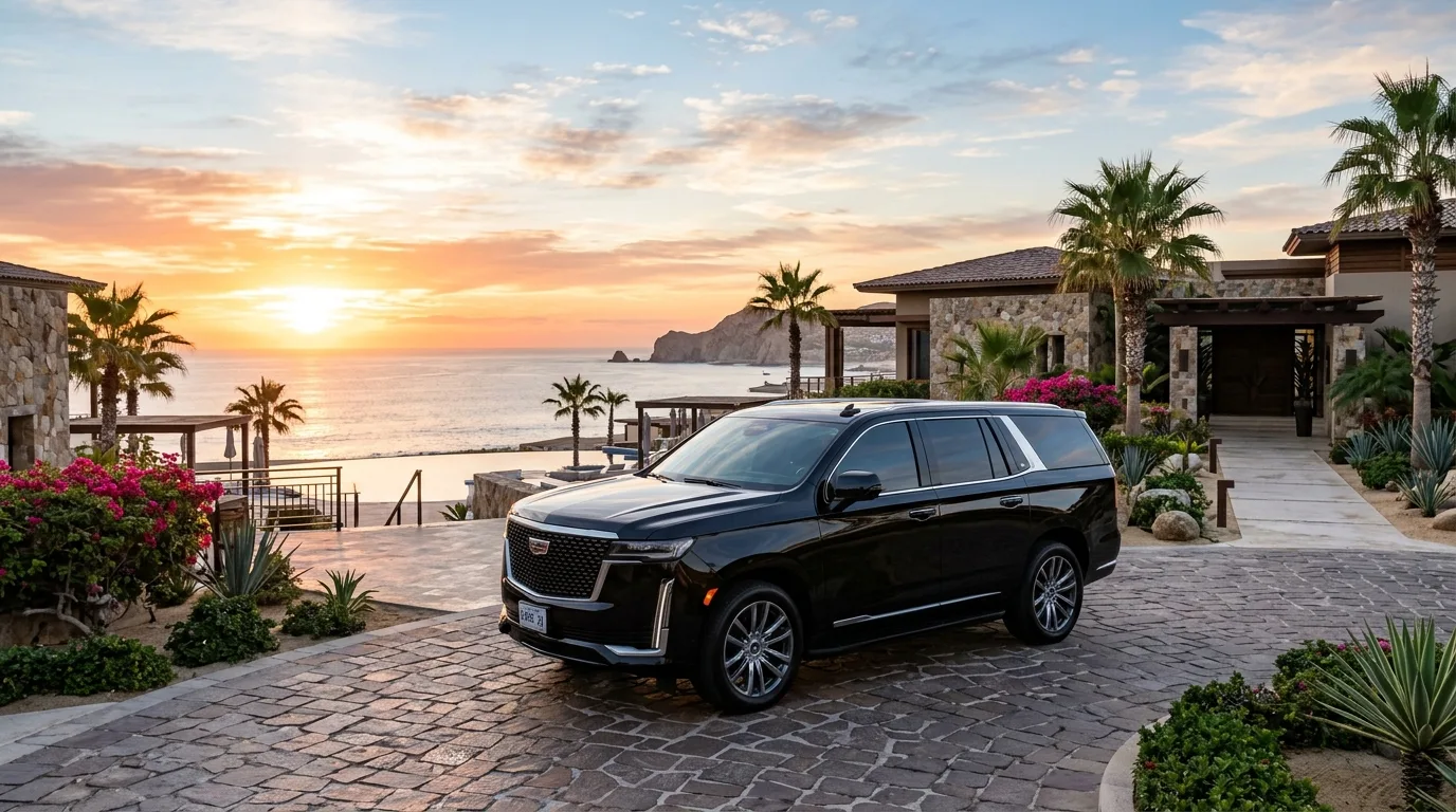 Luxury black SUV parked at a high-end Los Cabos resort with an ocean view at dawn, representing executive airport transportation.