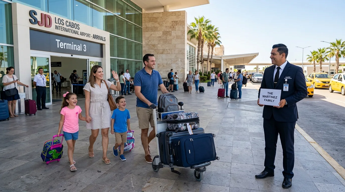 Private driver welcoming a family at SJD Airport arrivals with a name sign