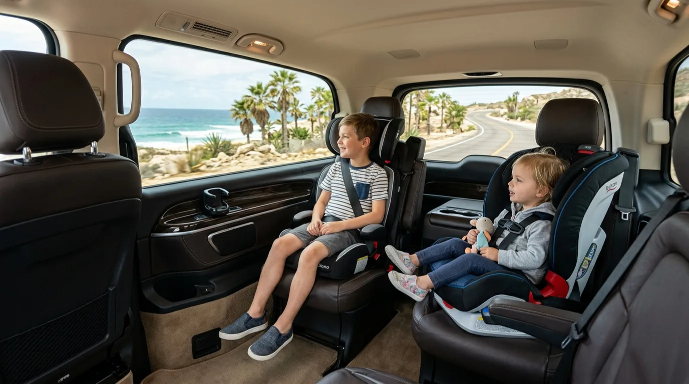 Children safely secured in car seats inside a private Los Cabos family transport van