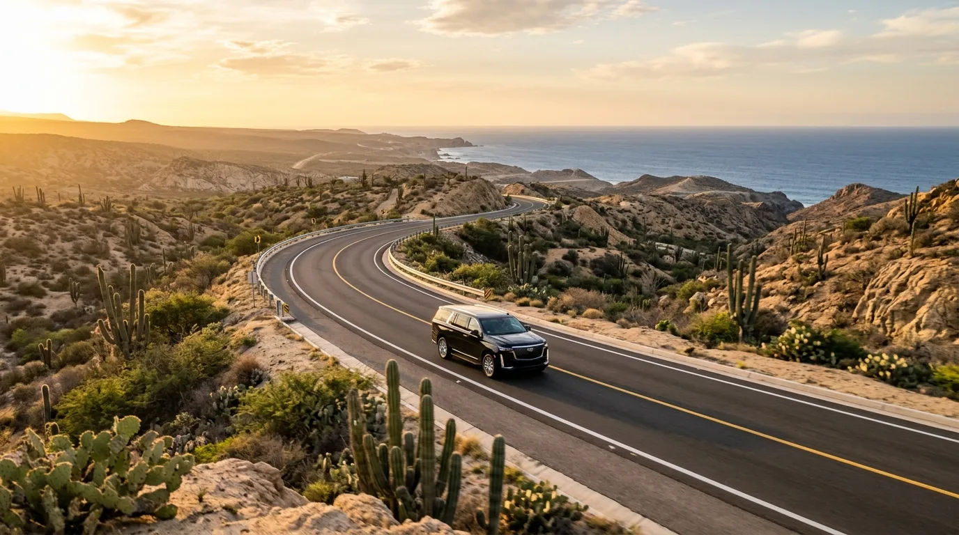 A modern SUV driving on the scenic coastal highway from SJD Airport towards Cabo San Lucas, showcasing the desert and ocean views.