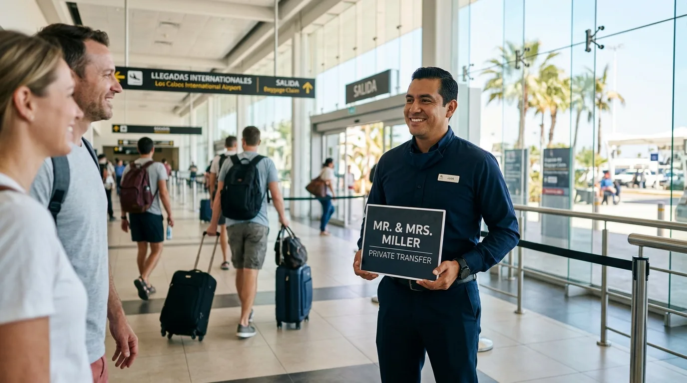 Professional driver from Cabo Airport Ride greeting guests at SJD Airport for a private transfer to Cabo San Lucas.