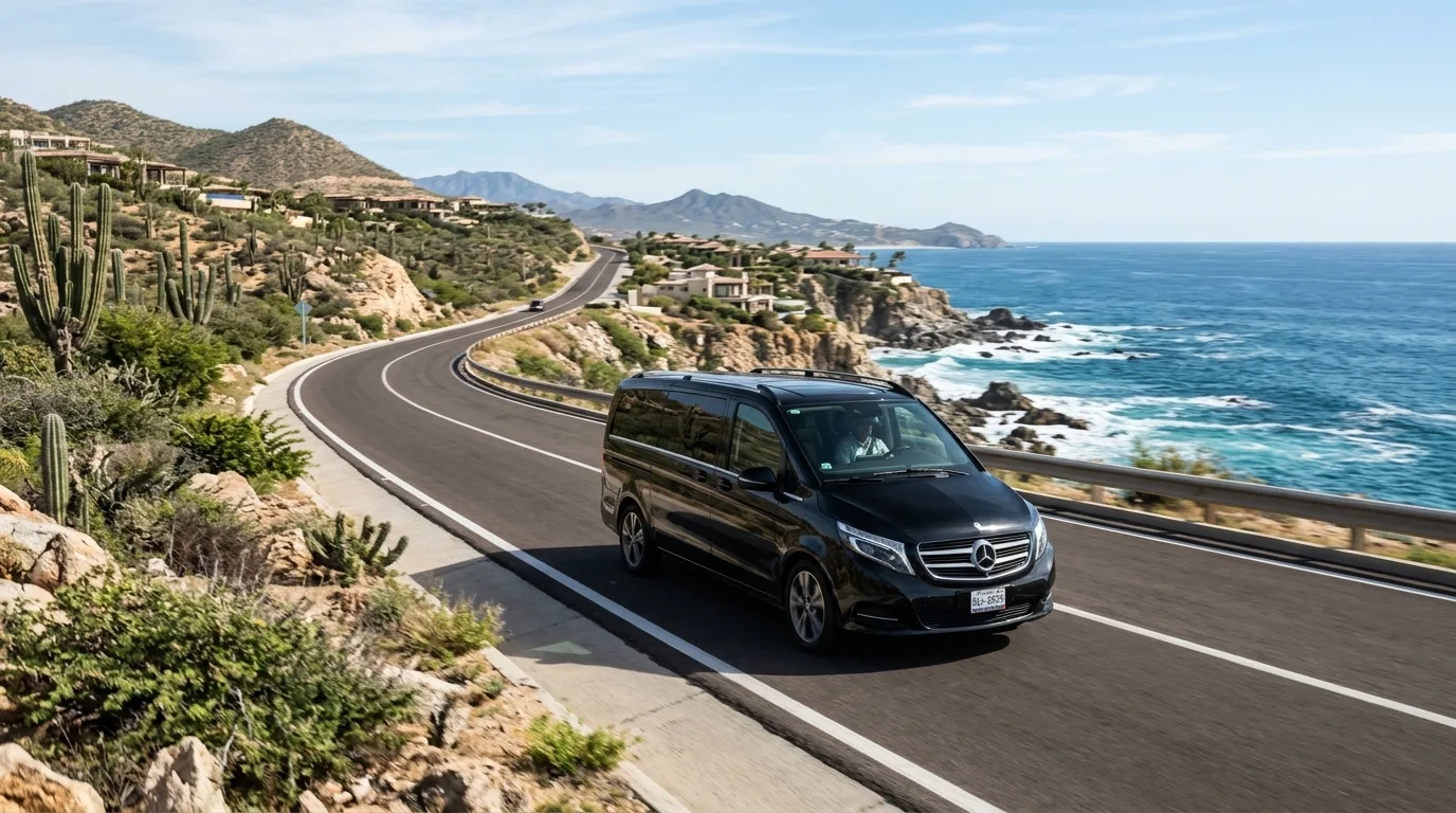 Modern luxury SUV driving along a scenic coastal highway in Los Cabos towards Cabo San Lucas