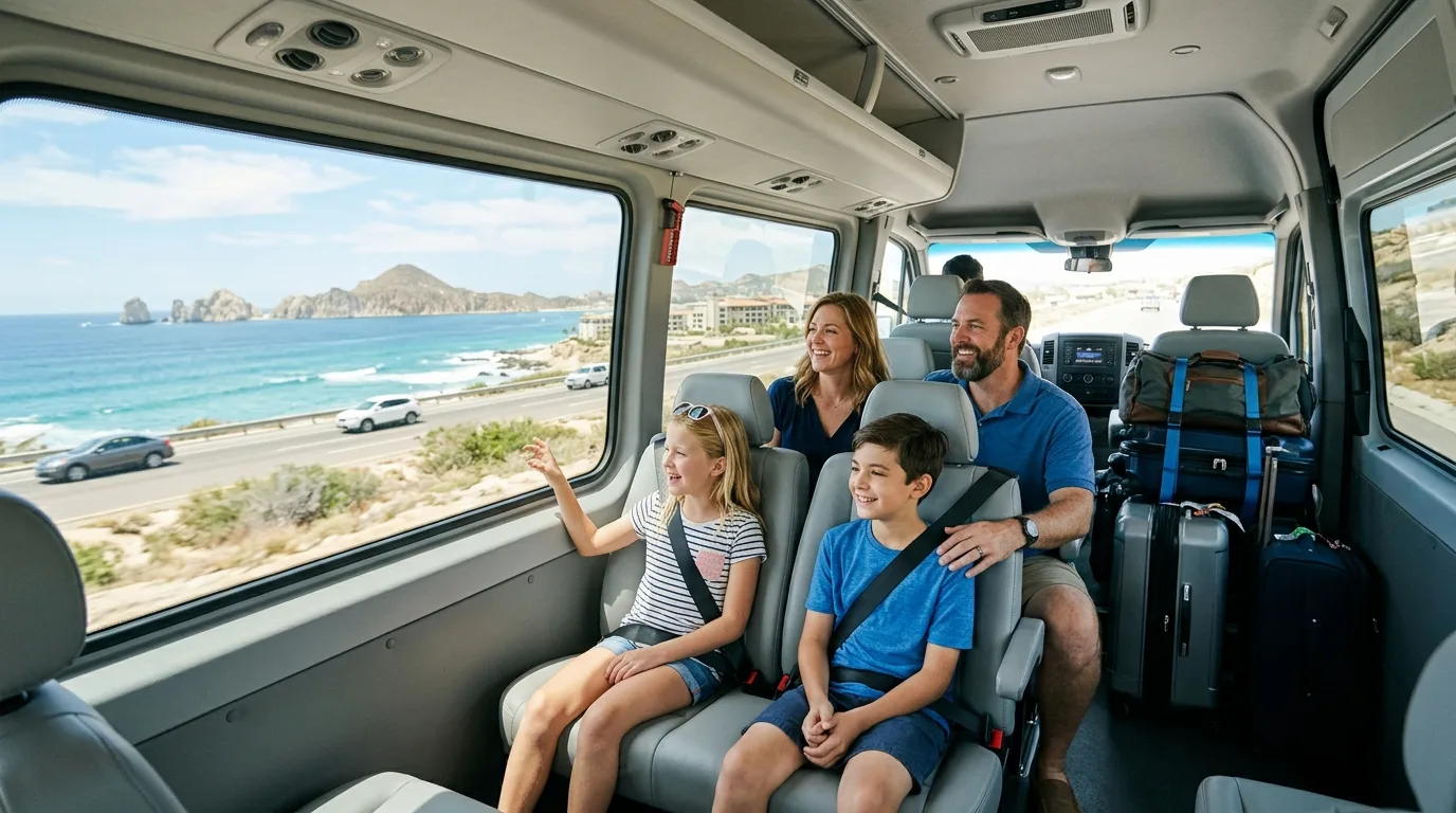 Family of four comfortably riding in a private transfer van through Cabo San Lucas