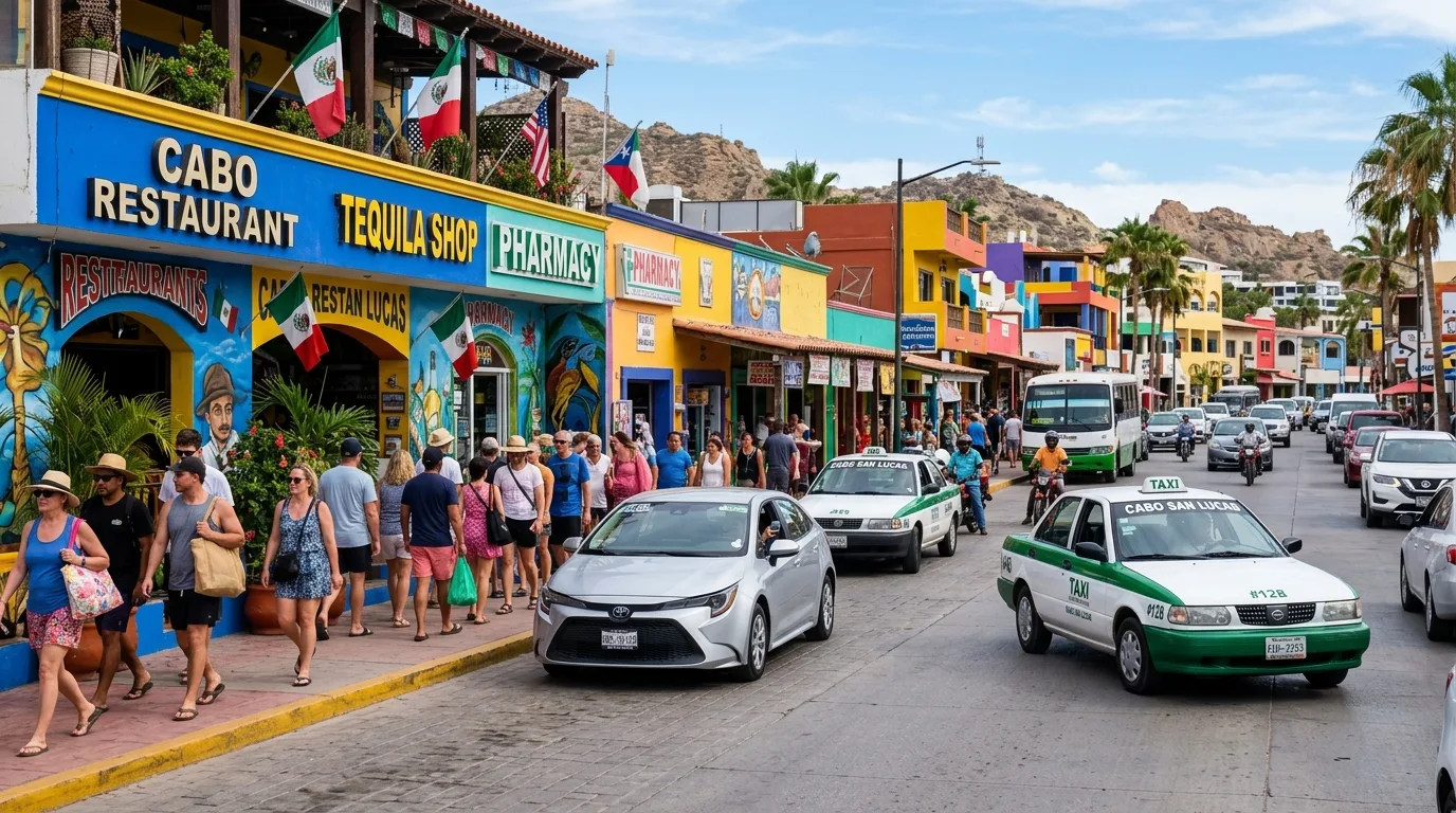 Bustling street scene in downtown Cabo San Lucas with local transportation options