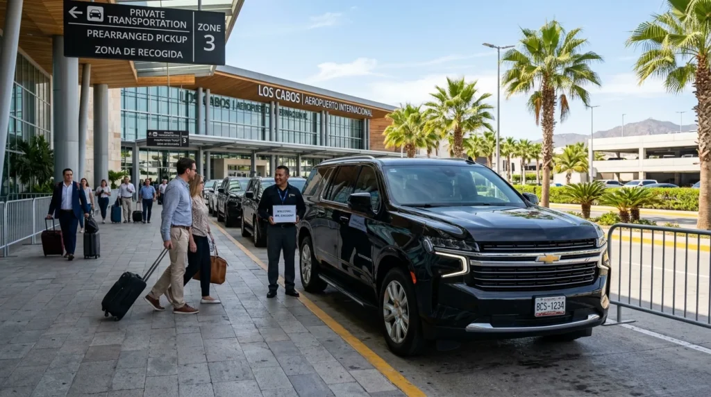 A sleek black private SUV parked at Los Cabos International Airport (SJD) ready for passenger pickup, with palm trees and a modern terminal in the background.