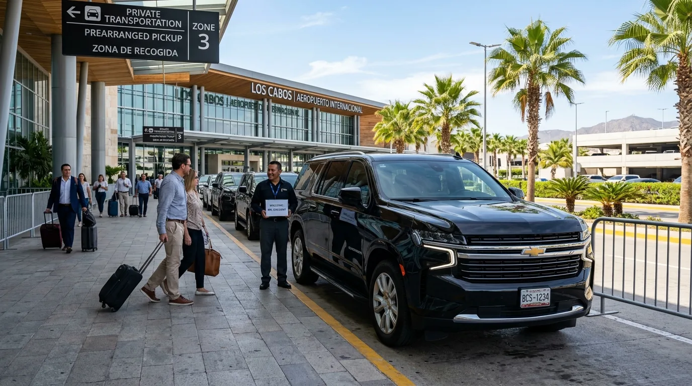 A sleek black private SUV parked at Los Cabos International Airport (SJD) ready for passenger pickup, with palm trees and a modern terminal in the background.
