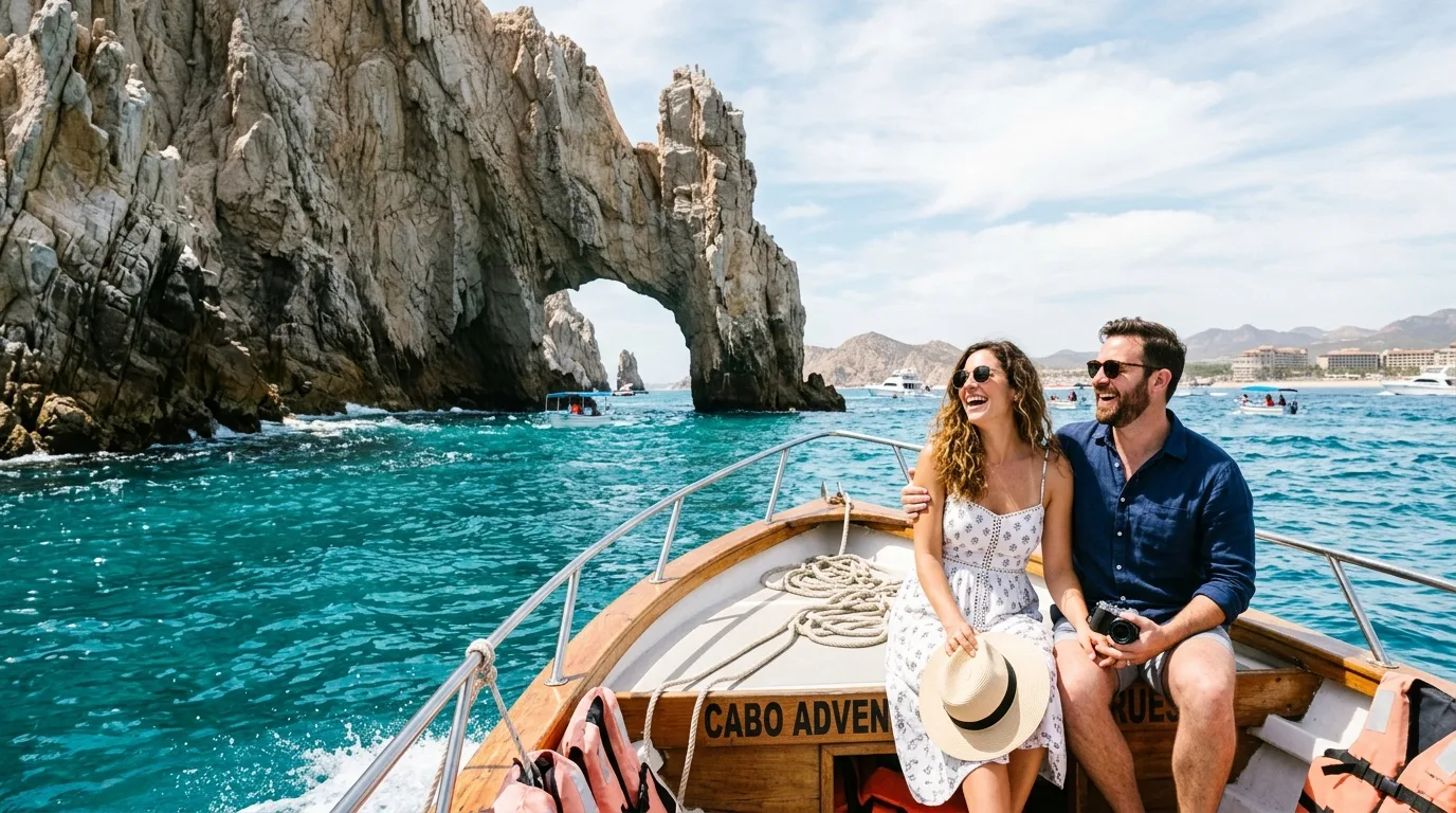Exploring El Arco by Water Taxi in Cabo San Lucas A water taxi approaching the iconic El Arco natural arch in Cabo San Lucas, with passengers enjoying the scenic ocean view and the rock formations.