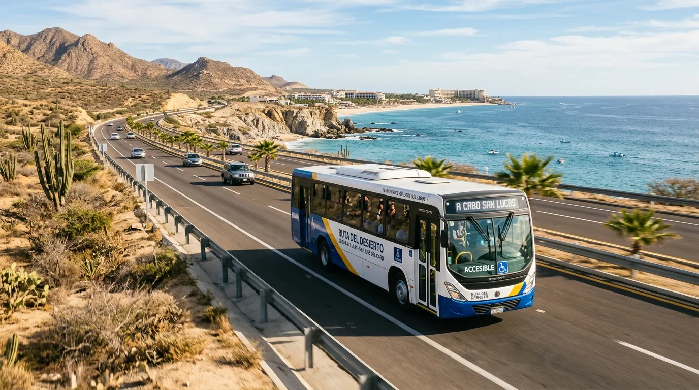 Ruta del Desierto Bus in Los Cabos A modern public bus, the Ruta del Desierto, traveling along the scenic highway connecting Cabo San Lucas and San José del Cabo, with the ocean visible.