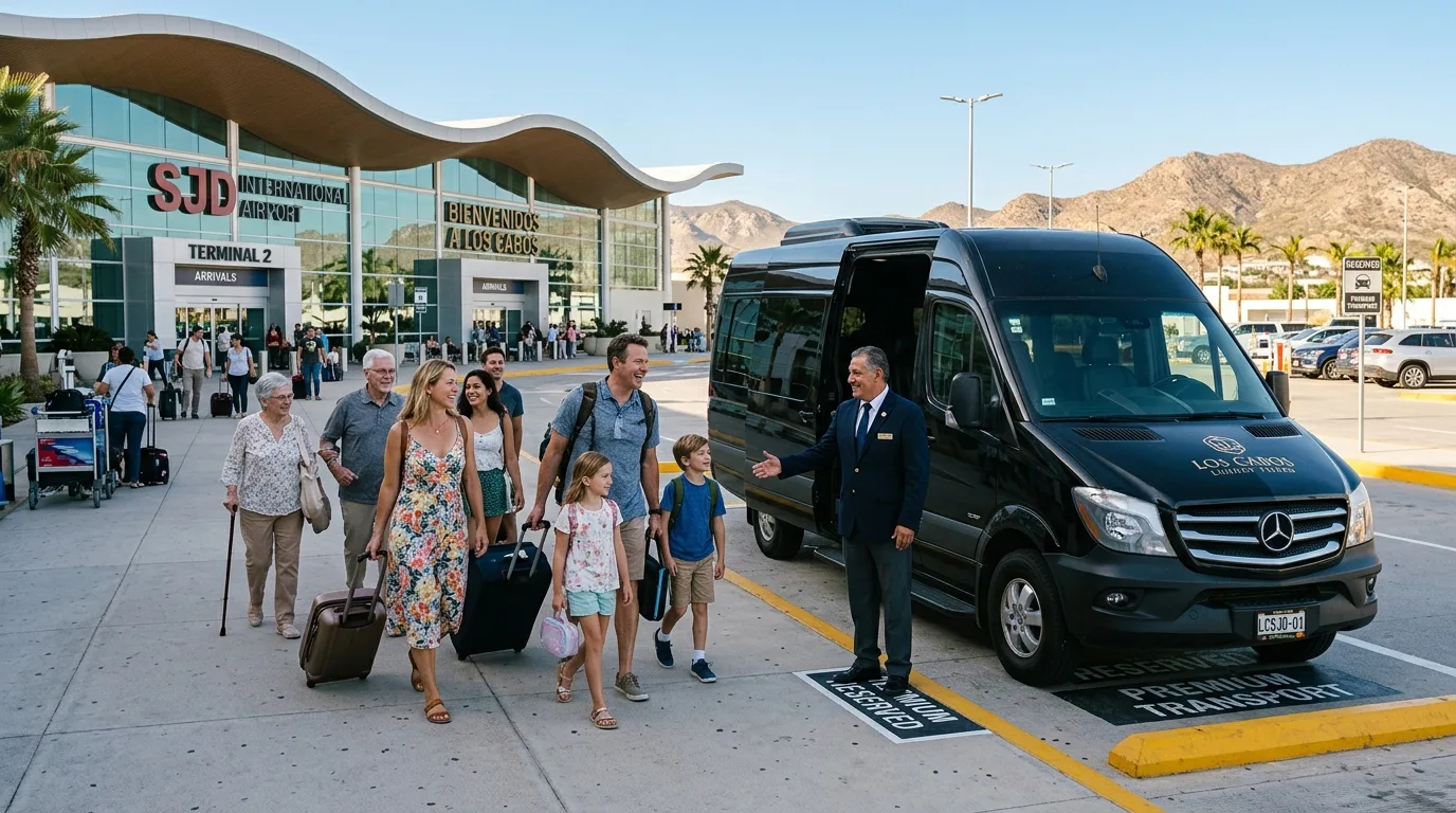 Large group arriving at SJD Airport for private Sprinter van transfer in Cabo