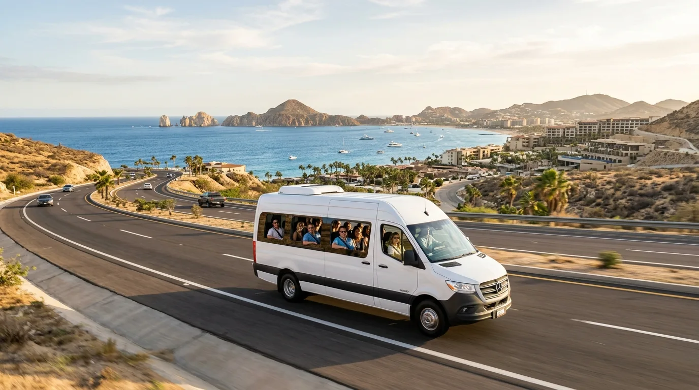 Spacious interior of a private van for large group transfers in Los Cabos