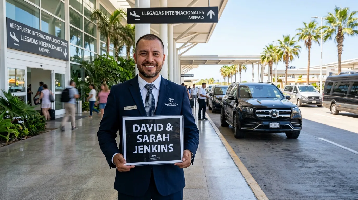 Seamless SJD Airport Pickup with Private Transfer Professional driver holding a welcome sign for private Los Cabos airport transfer at SJD terminal exit