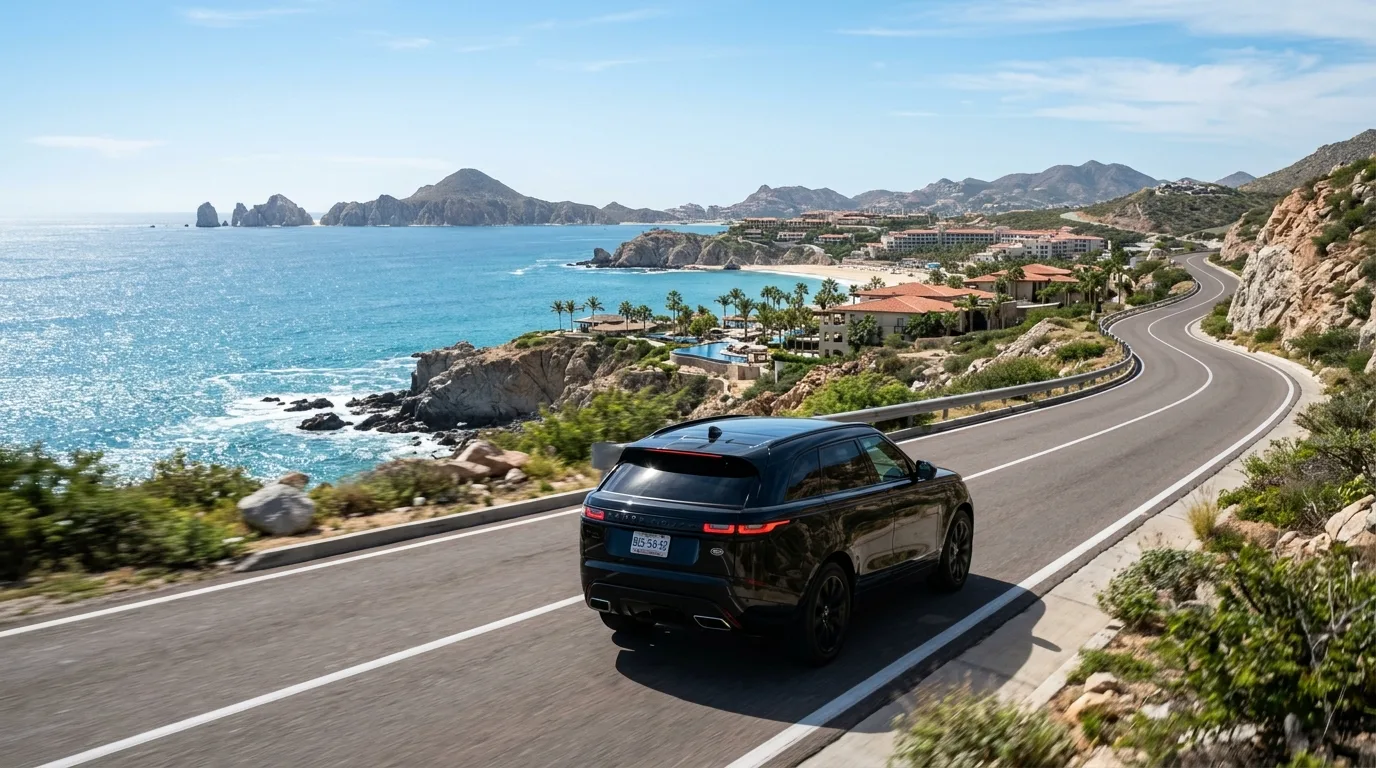 Enjoying the Scenic Drive to Your Los Cabos Resort Luxury private transfer SUV driving along the scenic Los Cabos coastal road with ocean views