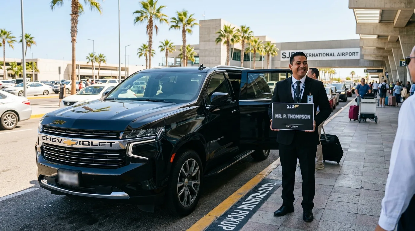 Luxury private SUV airport transfer waiting at SJD Airport Los Cabos for arriving passengers.